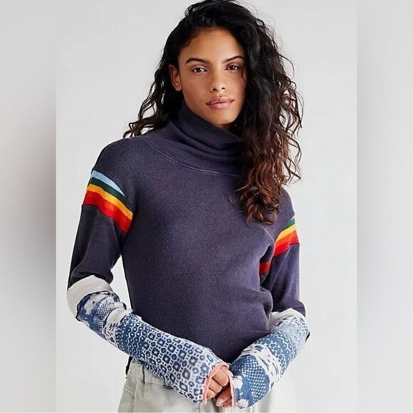 Free People Rainbow Of Love Varsity Stripes Navy Blue Turtleneck Top S NWT - Picture 1 of 5